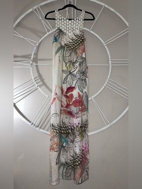 HAES White 100% Cotton Floral Print Maxi Dress with Textured Crochet Yoke